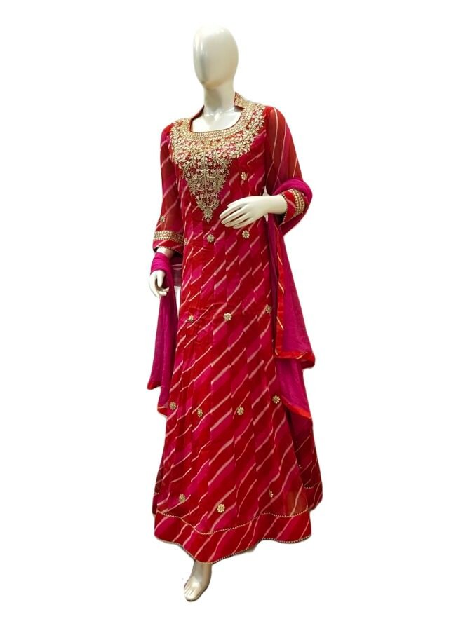 RED LEHERIYA ANARKALI SUIT