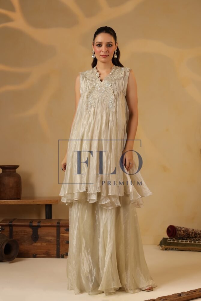 SHIMMERY IVORY TISSUE INDOWESTERN PLAZO SET