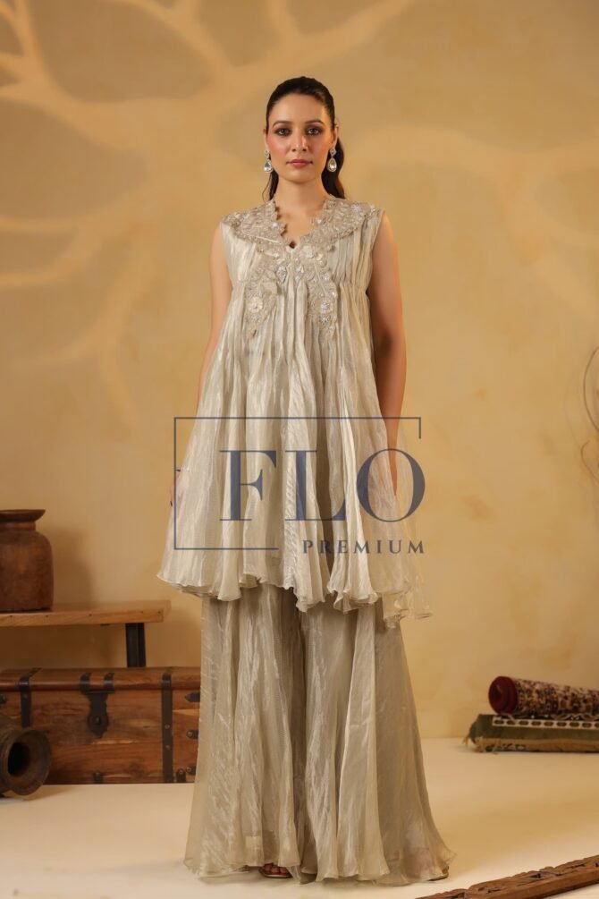 SHIMMERY IVORY TISSUE INDOWESTERN PLAZO SET
